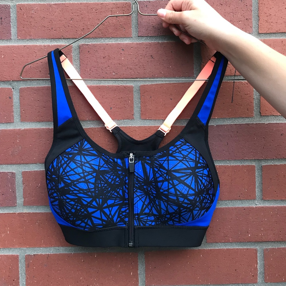 blue, black & orange zipper sports bra